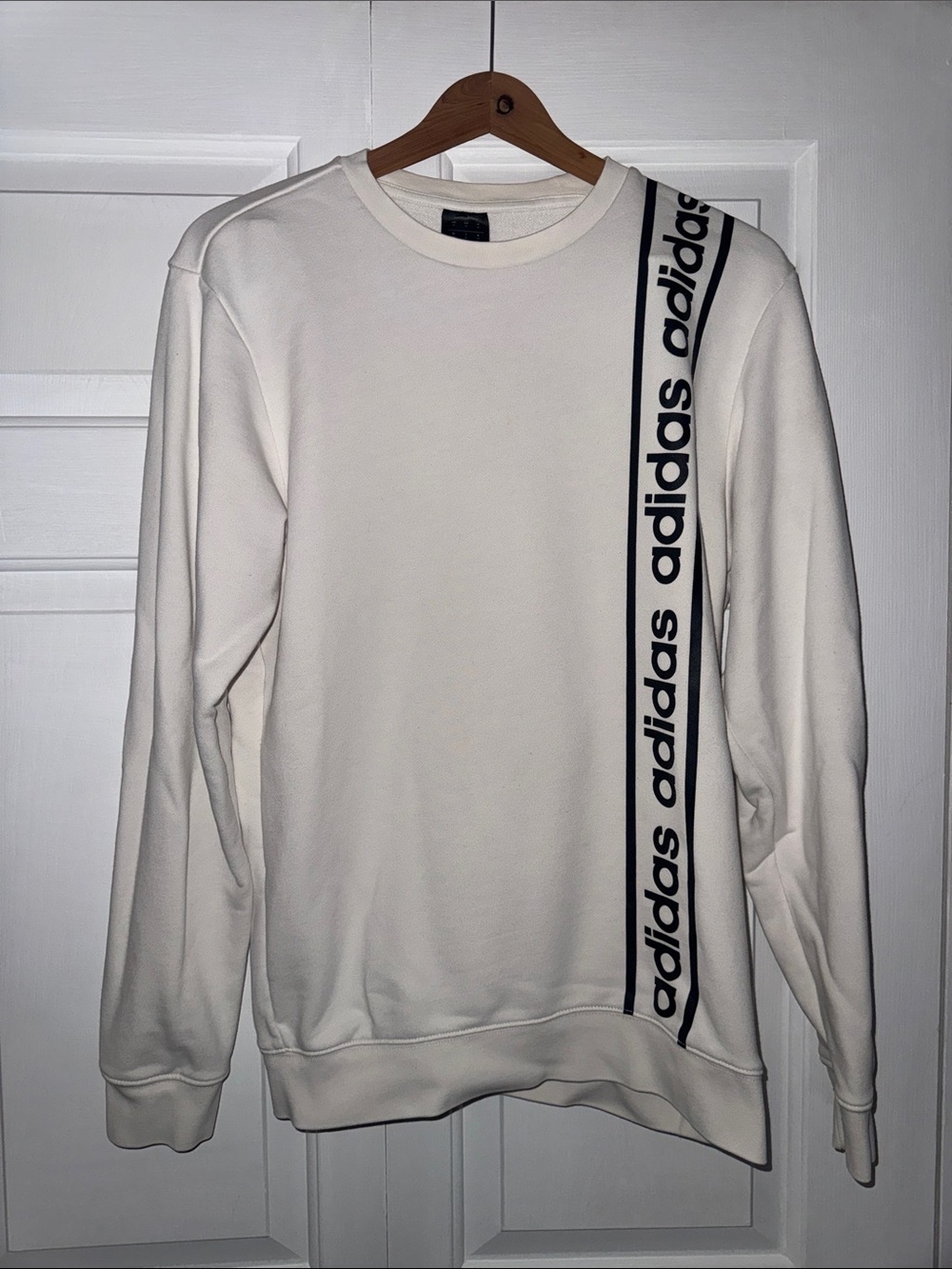 adidas White Crewneck Sweatshirt with Black Vertical Logo Tape